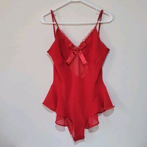Victoria’s Secret Teddy Bodysuit Large Women's Red Sexy Satin Bow Lace Trim